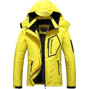 Women's Yellow Waterproof Winter Hooded Raincoat Fabric Ski Snow Jacket Coat